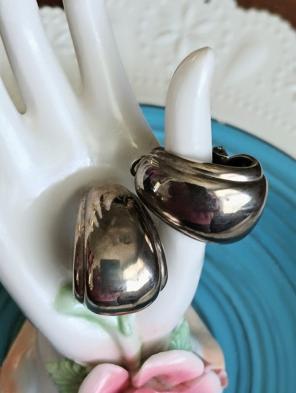 Vintage Silver Tone Half Hoop Dome Clip Earrings